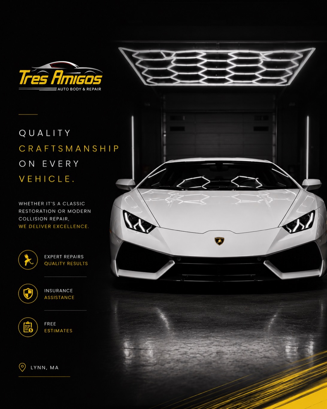 A white Lamborghini Huracán inside Tres Amigos Auto Body in Lynn, MA, under the shop's hexagonal light rig