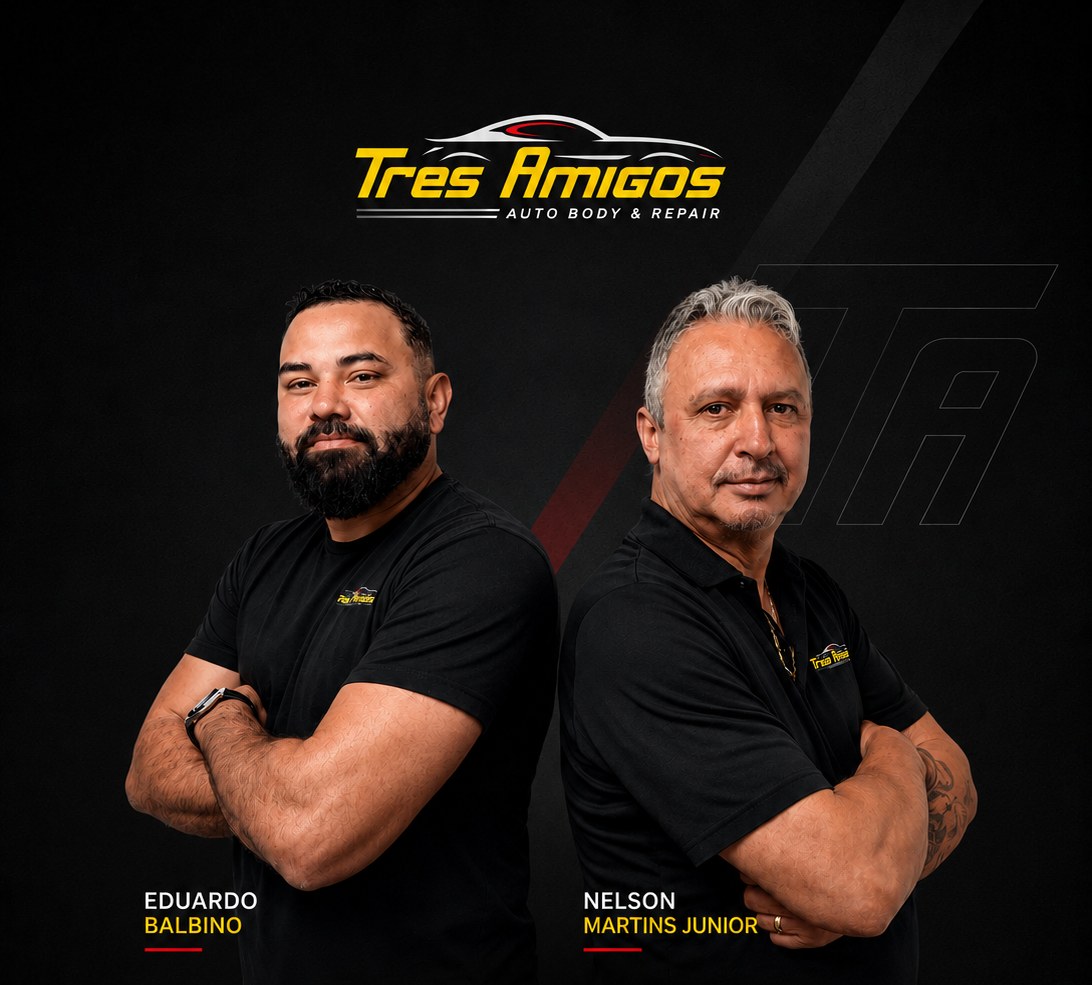 The two owners of Tres Amigos Auto Body, back to back below the Tres Amigos logo: Eduardo Balbino on the left and Nelson Martins Junior on the right